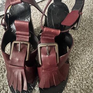 Bottega Veneta Maroon Sandals with Fringe and Buckle
